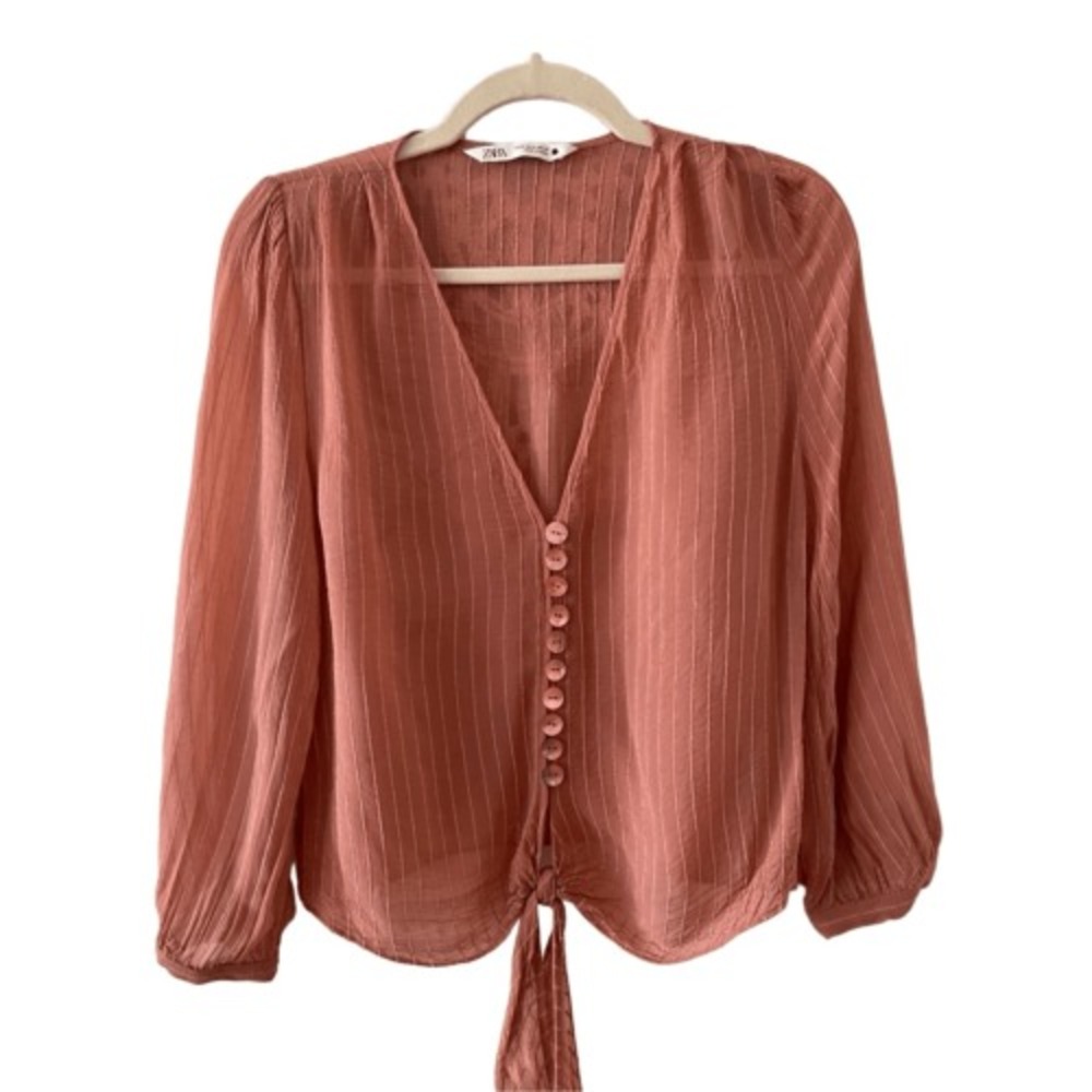 Zara Button-Down Blouse Tie-Front Long‎ Sleeve Textured Salmon Pink M